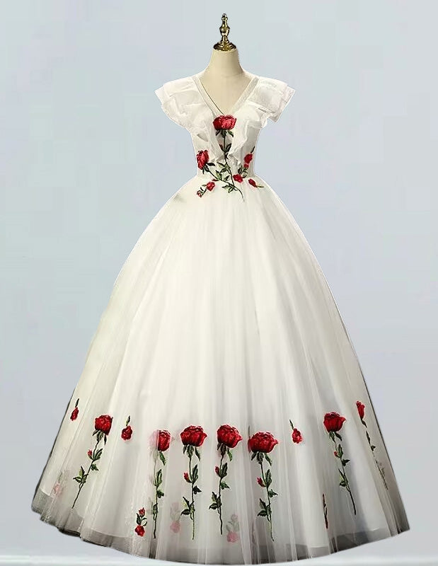 Ivory Lace V-Neck Evening Gown | Elegant Prom & Bridesmaid Dress