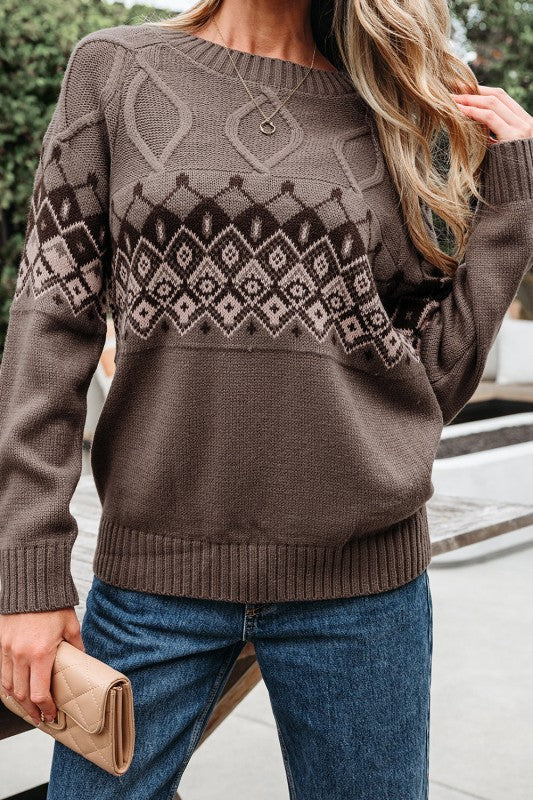 Alana Western Geometric Patterned Crew Neck Knitte