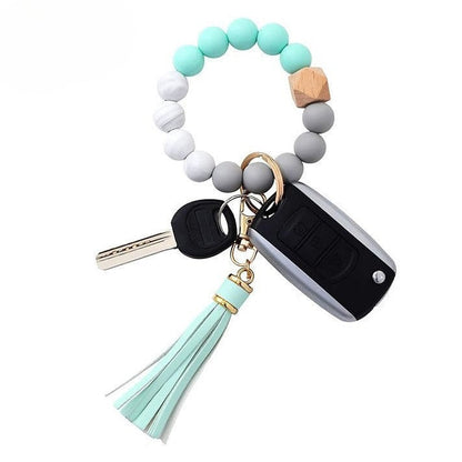 PU Tassel Keychain Bag charm Silicone Beaded Keychain Wristlet Key Ring Bracelet Cute Car Key Chain Holder for Women Girls