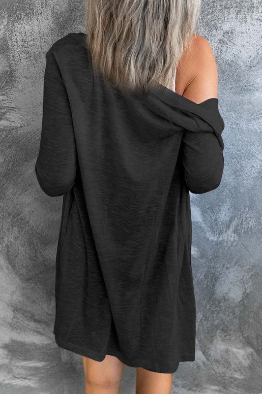 Solid Open-Front Buttoned Cardigan