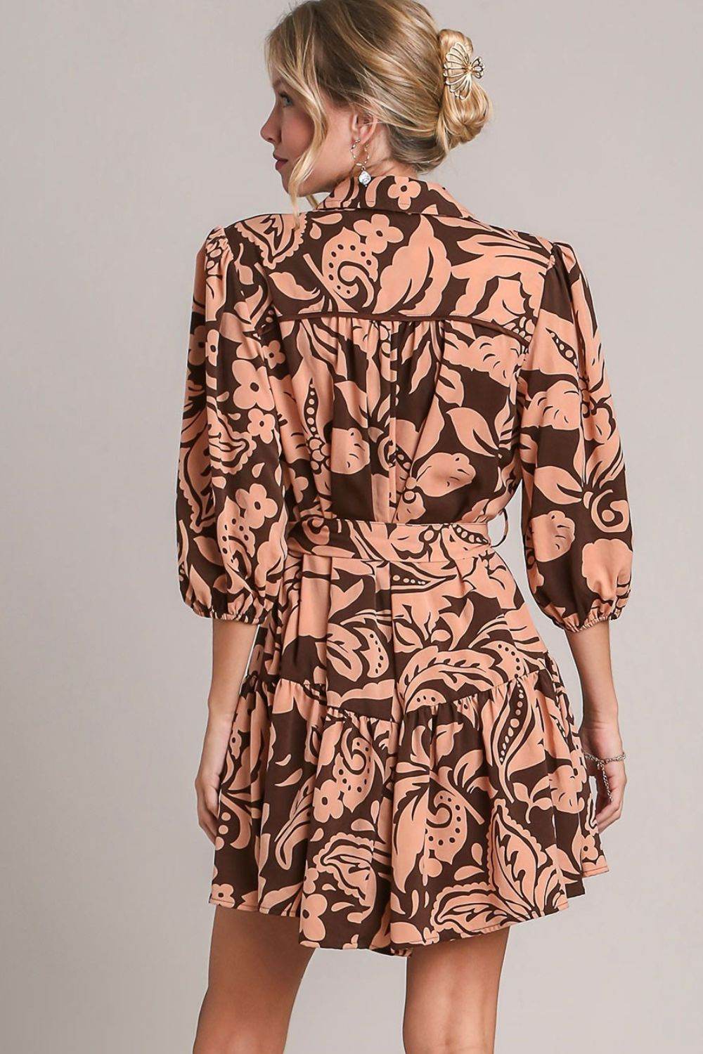 Umgee Full Size Two Tone Floral Print Puff Sleeve Tie Waist Dress Plus Size