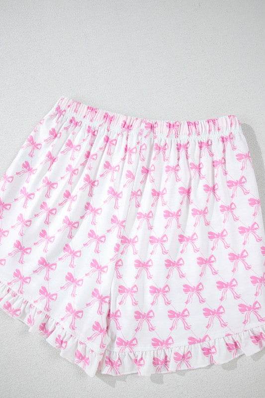 Pink Short Sleeve and Ruffled Shorts Pajama Set