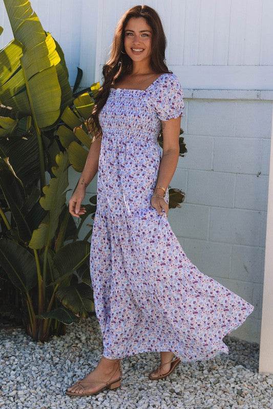 Bubble Sleeve Shirred High Waist Maxi Dress