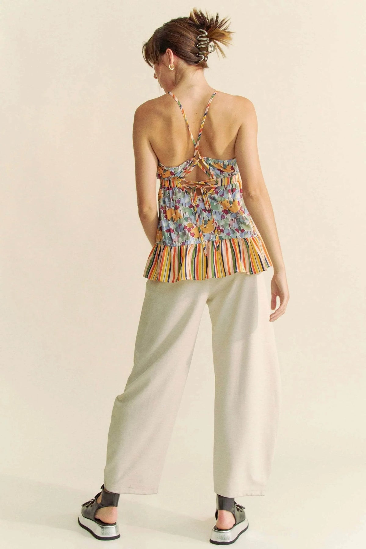 Davi & Dani Floral Smocked Sleeveless Ruffle Back Tie Top
