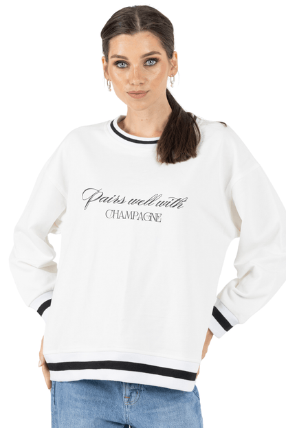 Bella Printed Round Neck Pullover Sweatshirt White