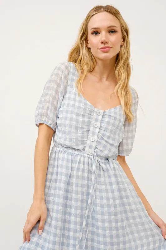 And The Why Puff Sleeve Ruched Button Front Gingham Dress