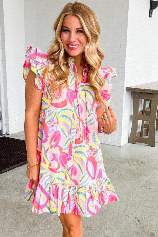 Floral Ruffle Trim Flutter Sleeve Buttoned Dress