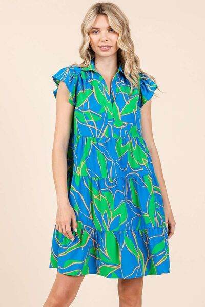 Mittoshop Leaf Print Ruffle Sleeve Tiered Mini Dress