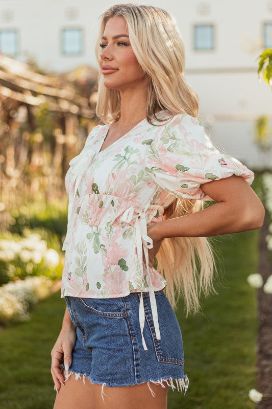 Alaiya Floral Puff Sleeve V Neck Tied Front Peplum