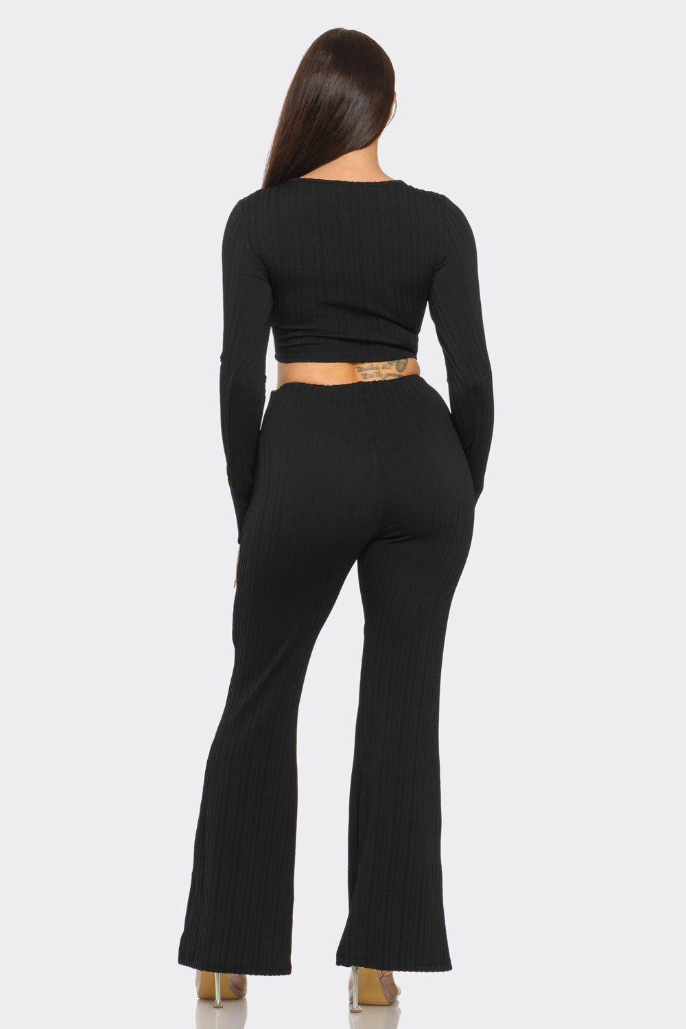 Ribbed Two-Piece Set – Metal Ring Cutout Crop Top & Flare Pants