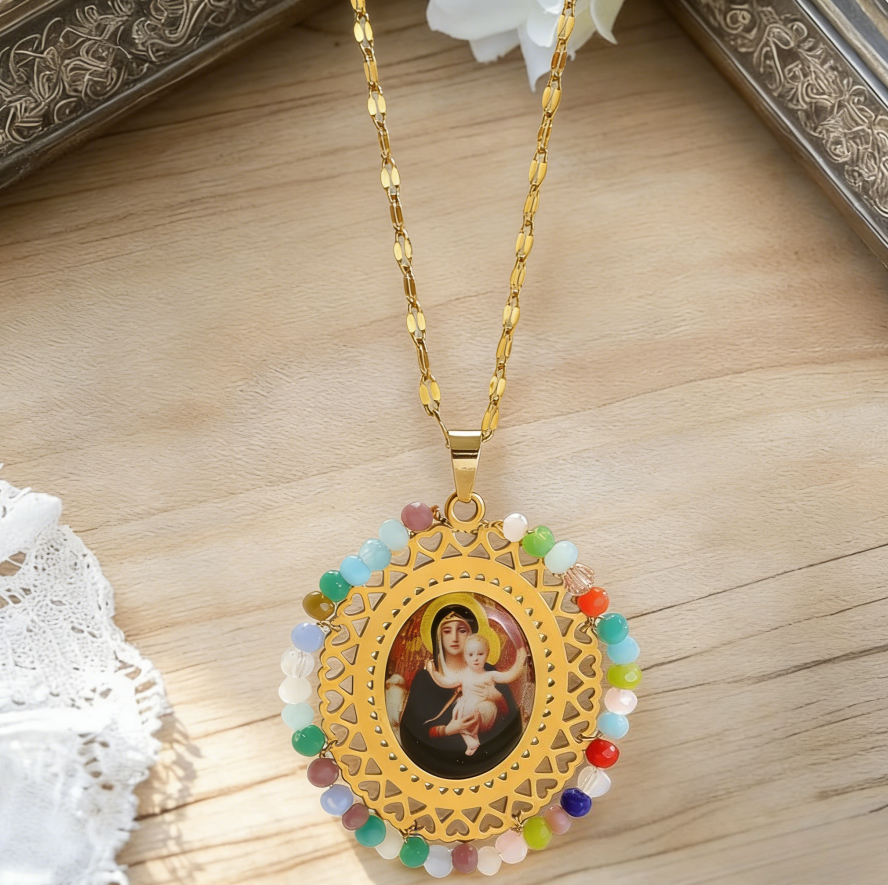 Stainless Steel Virgin Mary Crystal Pendant Necklace