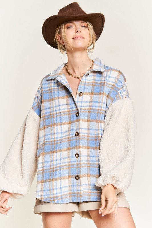 Multi plaid fuzzy sleeve jacket JJO1023