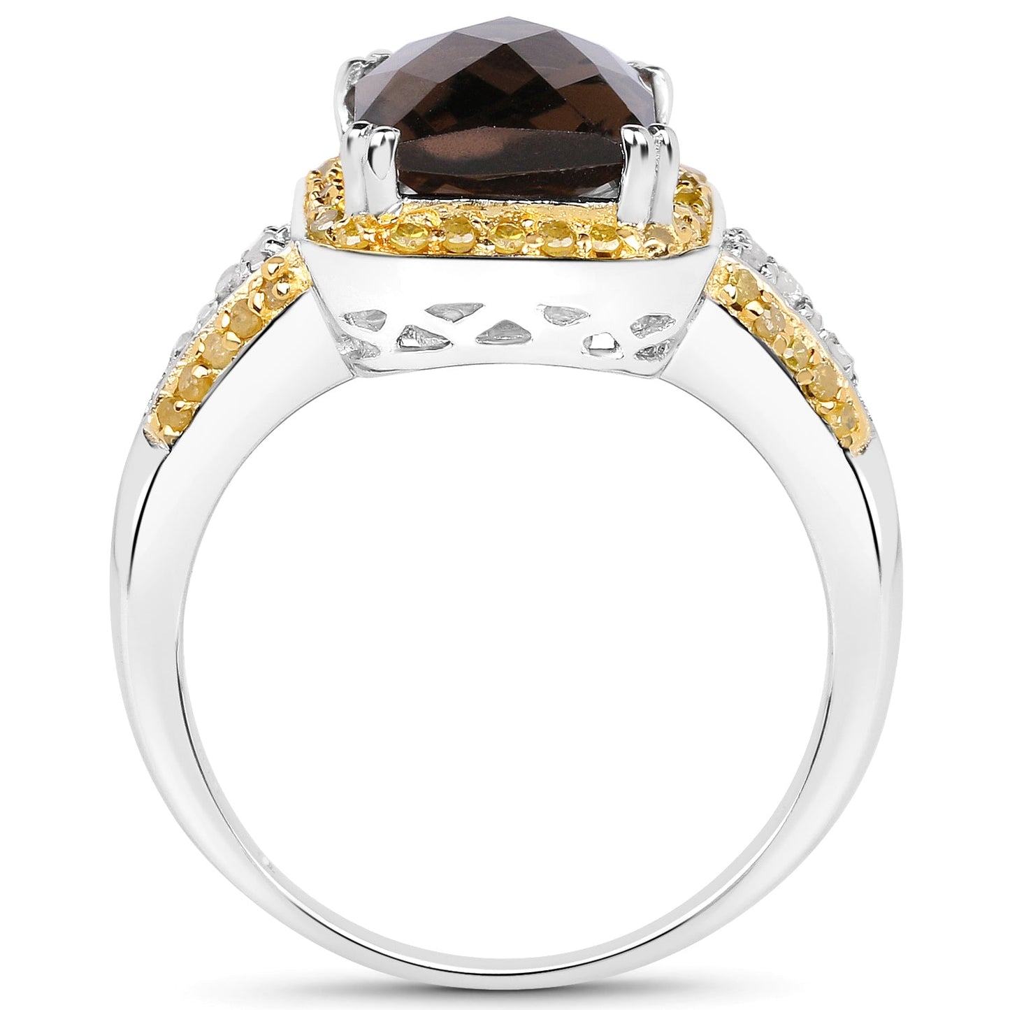 3.48 Carat Genuine Smoky Quartz, Yellow Diamond and White Diamond .925 Sterling Silver Ring