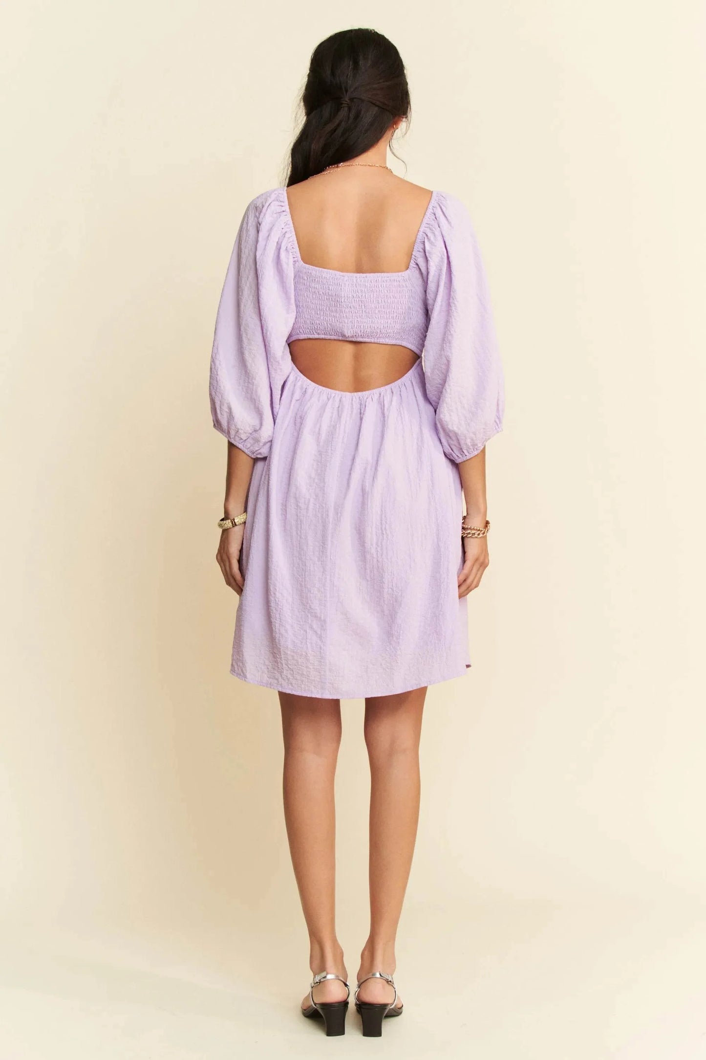 Davi & Dani Self-Tie Puff Sleeve Smocking Open Back Mini Dress