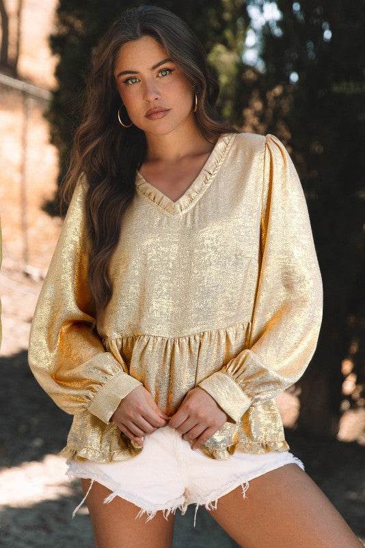 Metallic Frilled V Neck Puff Sleeve Babydoll Blous