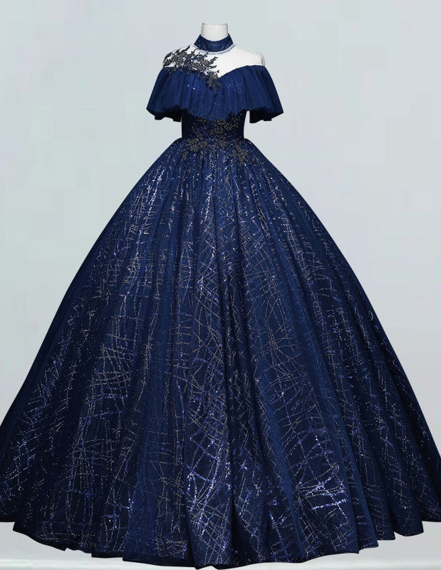 Dark Navy Collar Lace Applique Ball Gown Short sleeve Bridal Gown Princess A line Prom Dress Full Length Long Evening Dress