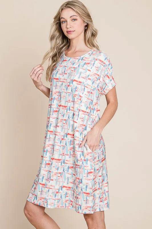 BOMBOM Printed Round Neck Short Sleeve Tee Dress