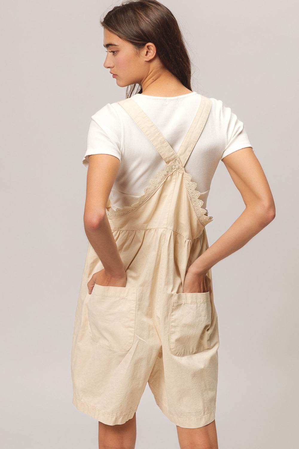 BiBi Back Patch Pocket Lace Trim Rompers
