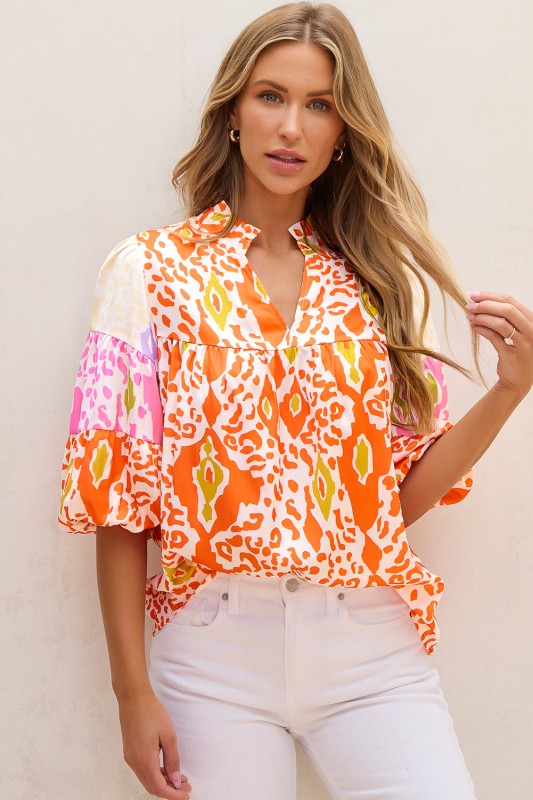 Armani Leopard Puff Sleeve Split Neck Blouse