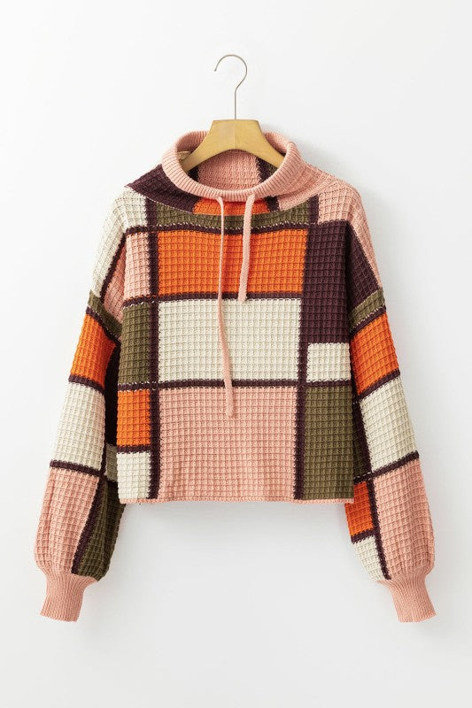 Colorblock Waffle Knit Drawstring Mock Neck Sweate