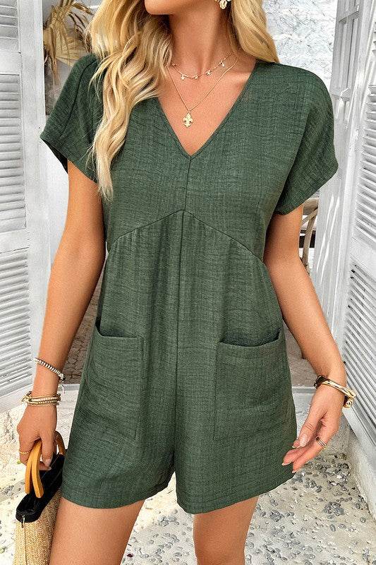 Solid Deep V Neck Drop Shoulder Loose Pockets Romp
