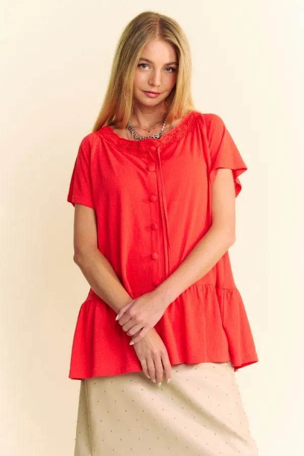 Davi & Dani Solid Lace Trim Neck Short Sleeve Peplum Top
