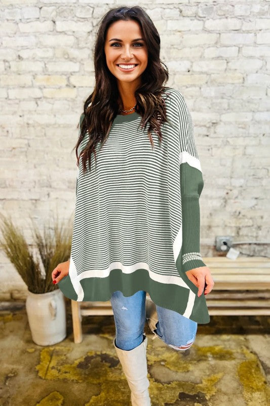 Stripe Colorblock Patchwork Dolman Sleeve Sweater
