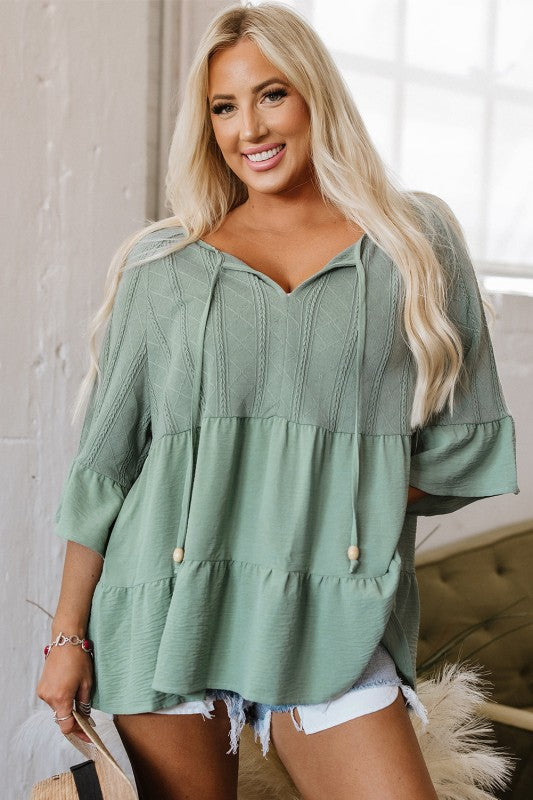 Ensley Tie Split Neck Textured Ruffle Patchwork Bl