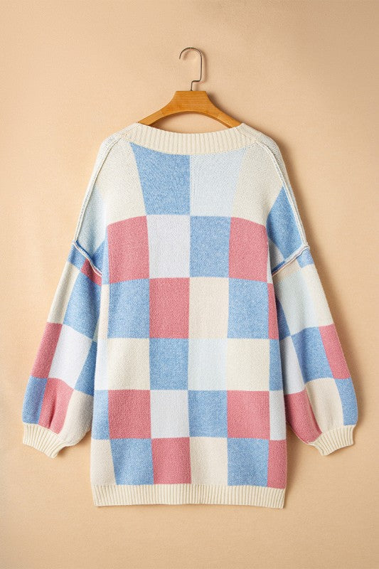 Checkered Drop Shoulder Seam Open Front Cardigan