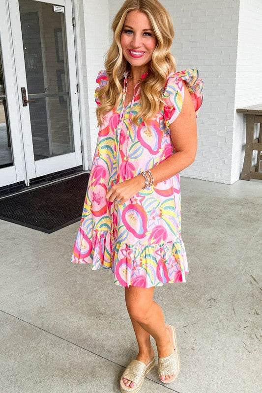 Floral Ruffle Trim Flutter Sleeve Buttoned Dress