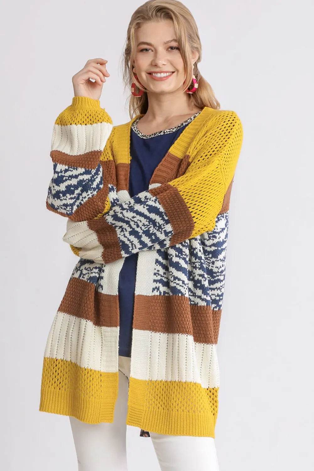 Umgee Full Size Color Block Open Front Longline Cardigan Plus Size