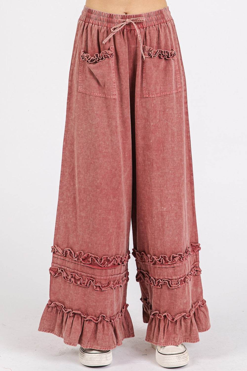Mittoshop Ruffle Trim Pocket Mineral Wash Wide Leg Pants