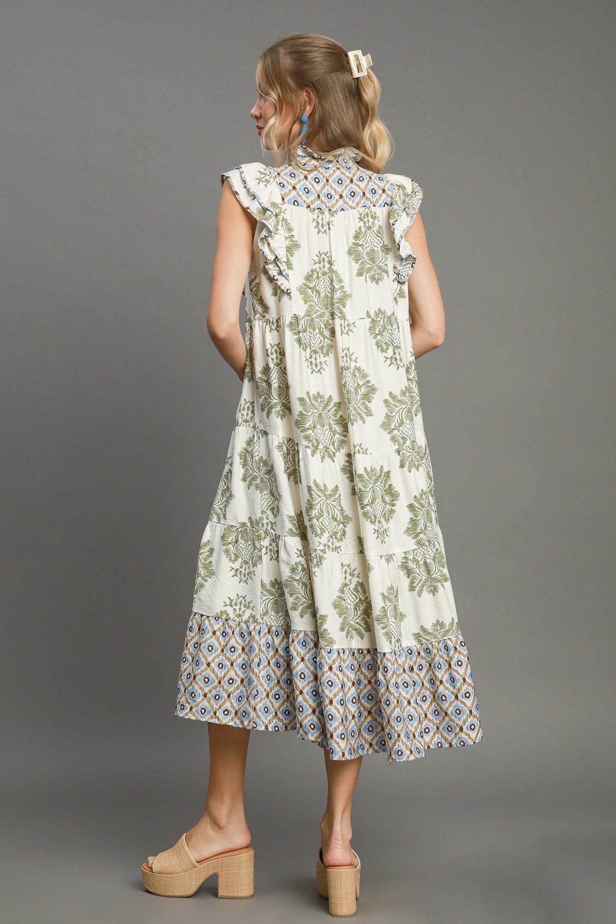 Umgee Full Size Mixed Print Ruffle Cap Sleeve Midi Dress Plus Size