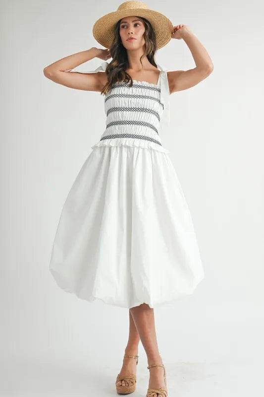 MABLE Smocked Bodice Bubble Midi Dress