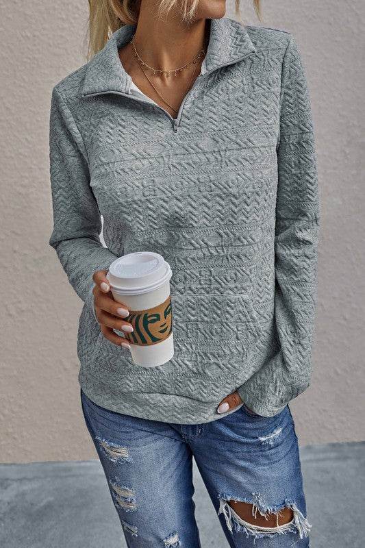 Half Zip Textured Solid Long Sleeve Pullover