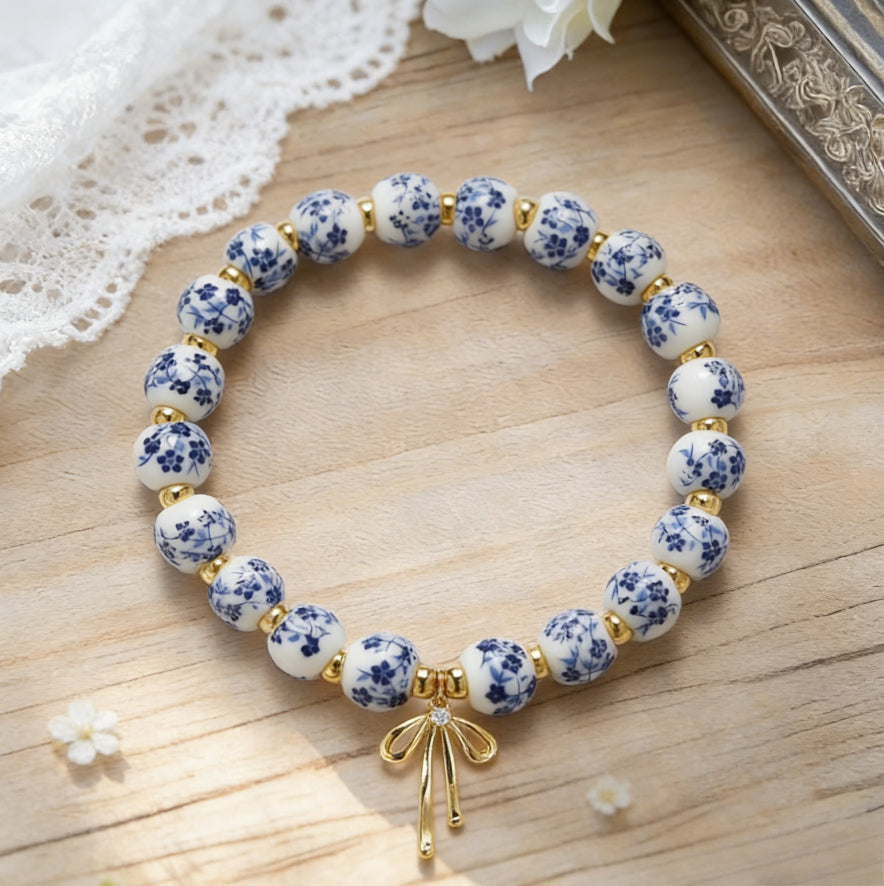 Blue and White Porcelain MAMA Beaded Bracelet