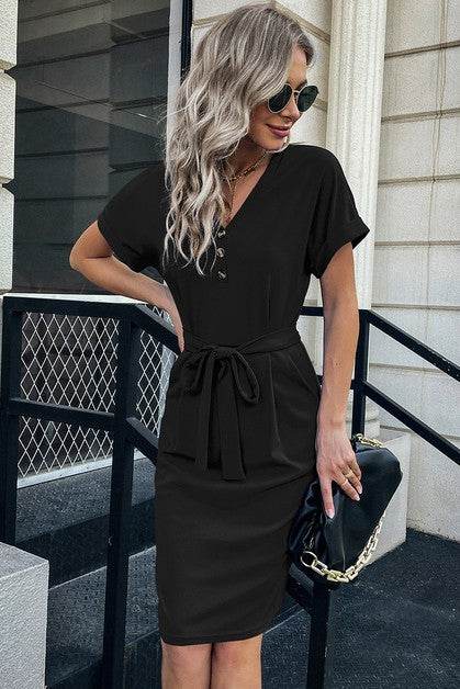Solid Button Detail Cuffed Pocket Short Dress