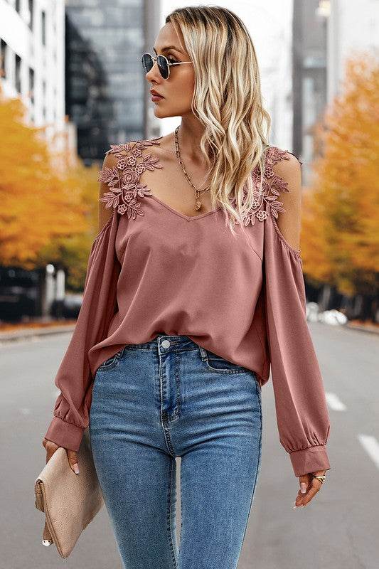 Contrast Low Back Lace Cold Shoulder Top