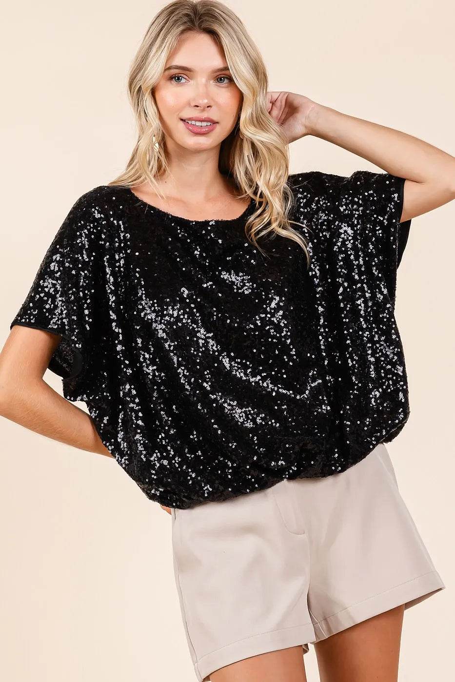 Mittoshop Sequin Short Sleeve Elastic Band Hem Top