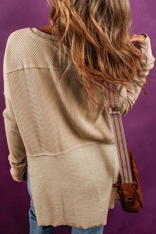 Giselle Exposed Seam Slit Neck Waffle Knit Patchwo