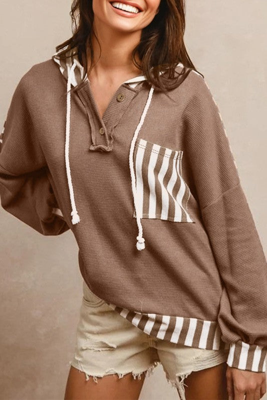Stripe Patchwork Waffle Knit Buttoned Hoodie