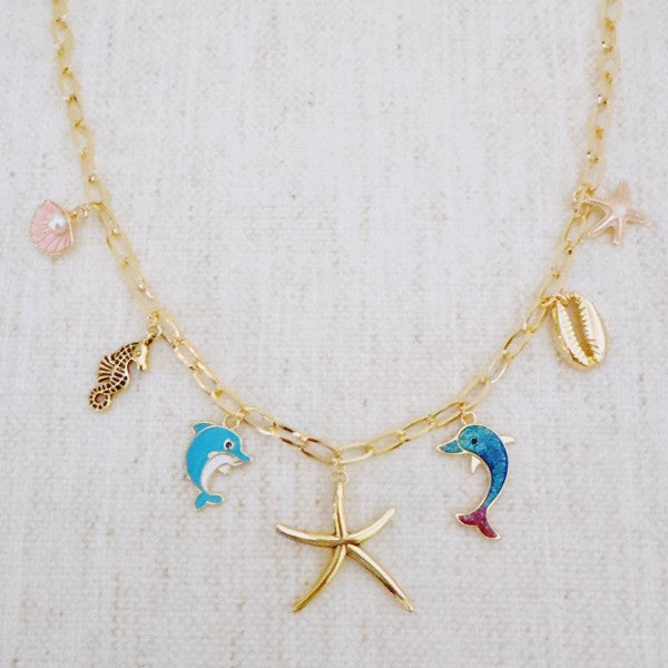 Ocean Play Charm Necklace – Dolphin, Starfish & Sh
