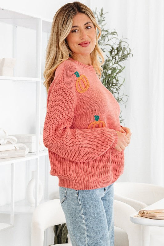 Pumpkin Embroidered Thanksgiving Holiday Sweater