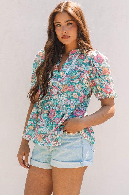 Amaris Notched Neck Puff Short Sleeve Floral Blous