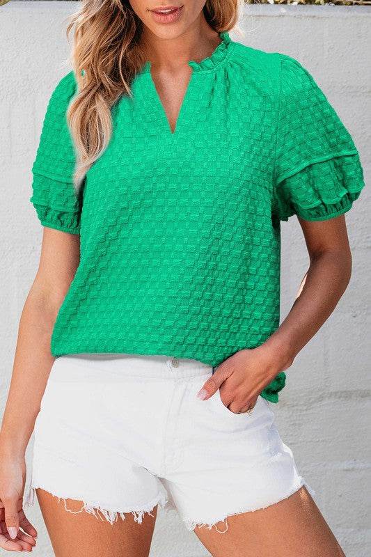 Kalani Textured Puff Short Sleeve Notched V Neck T