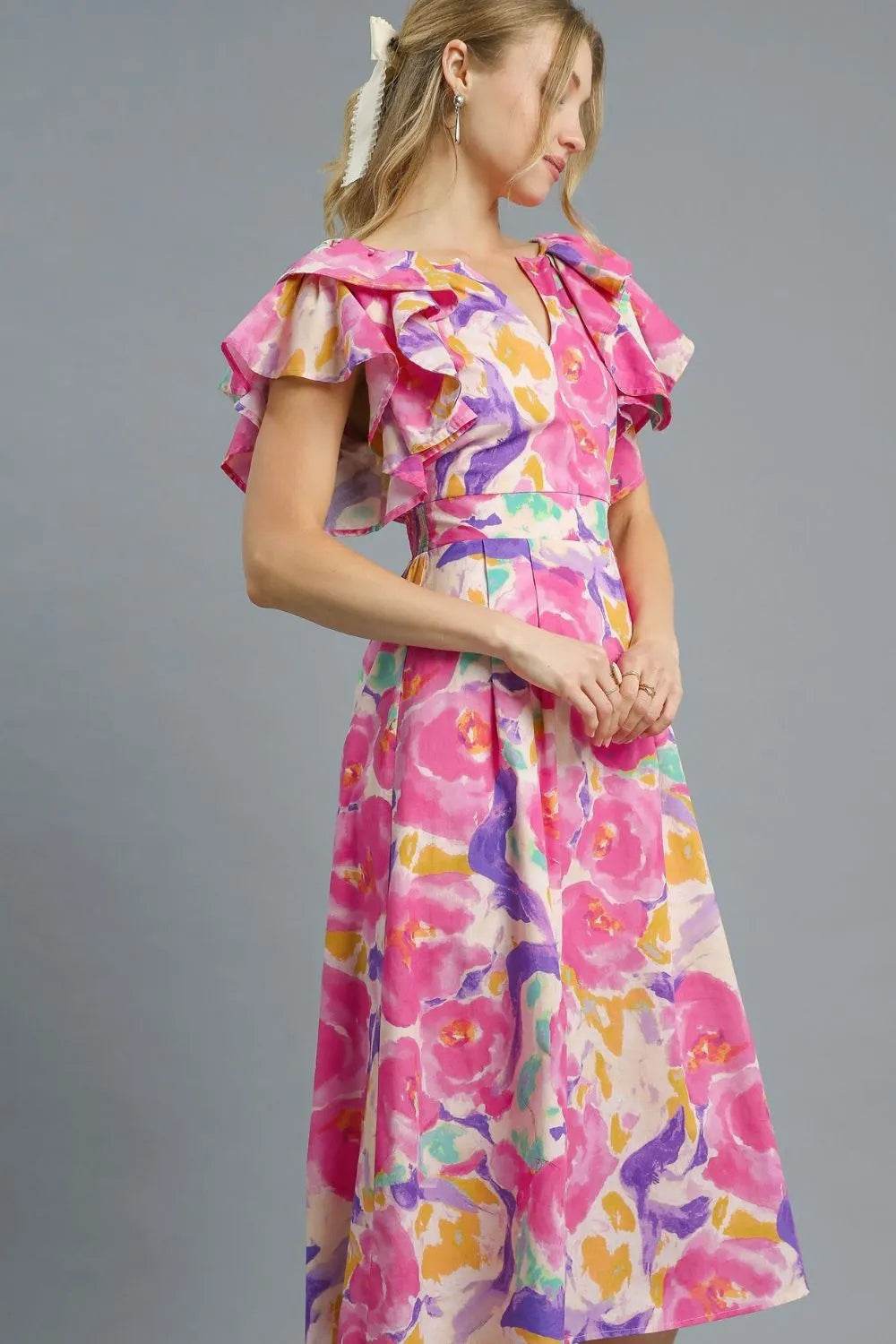 Umgee Floral Ruffled Cap Sleeve Midi Dress