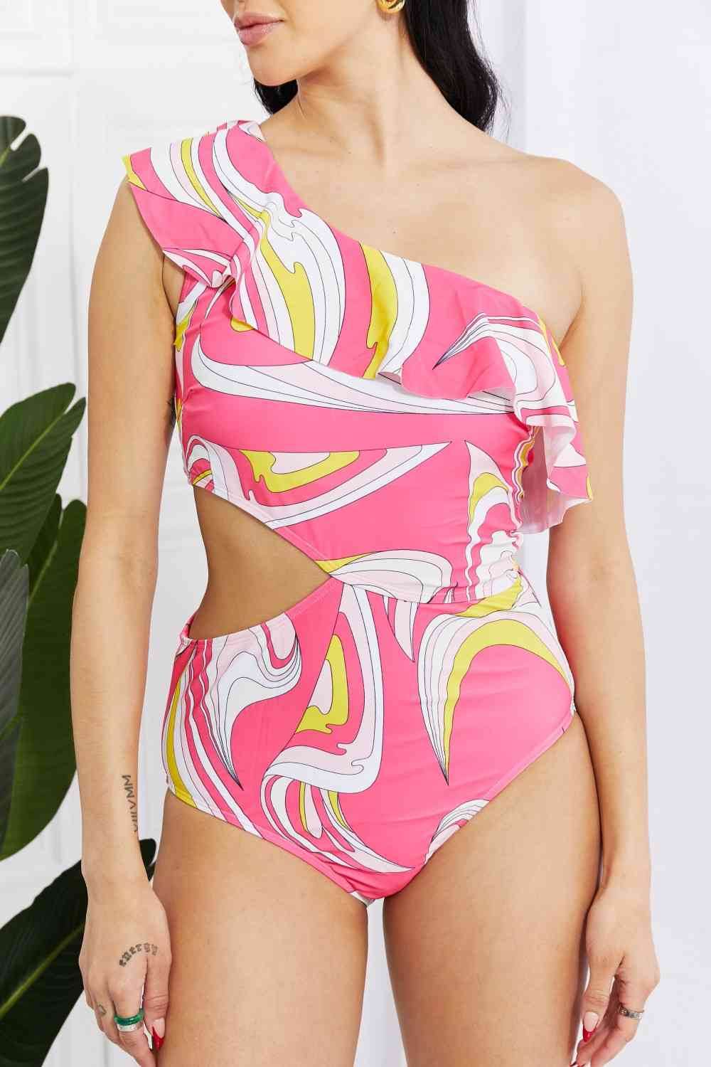Marina West Pink Cutout Ruffle Swimsuit with Asymmetric Cutout Design