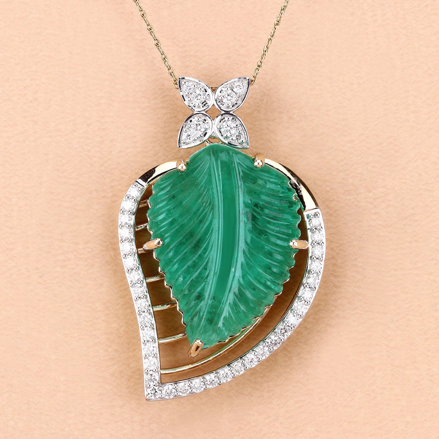 29.67 Carat Genuine Colombian Emerald and White Diamond 14K Yellow Gold Pendant