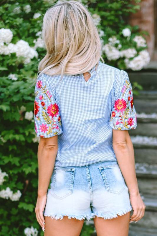 Pearl Gingham Floral Embroidered Puff Sleeve Blous