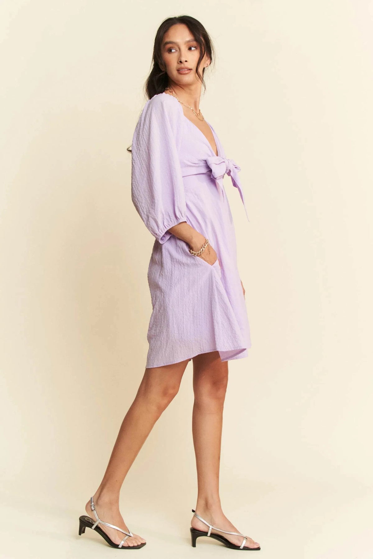 Davi & Dani Self-Tie Puff Sleeve Smocking Open Back Mini Dress